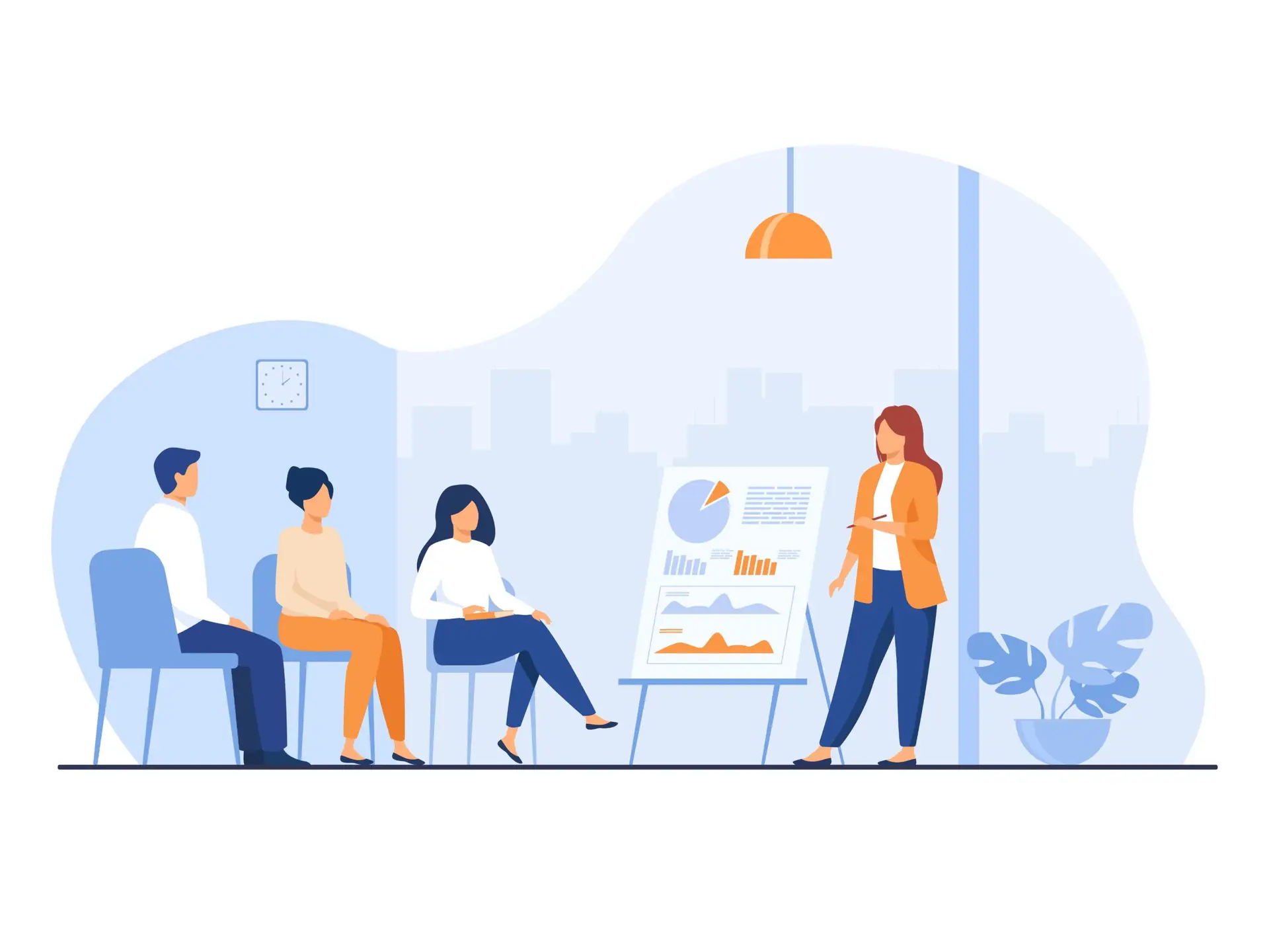Coach speaking before audience. Mentor presenting charts and reports, Employees meeting at business training, seminar or conference. Vector illustration for presentation, lecture, education concept